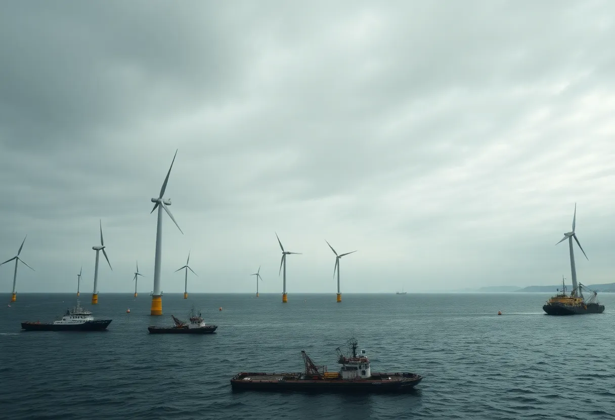 Idle offshore wind turbines and anchored service vessels about 12 miles off Aquinnah under cloudy sky