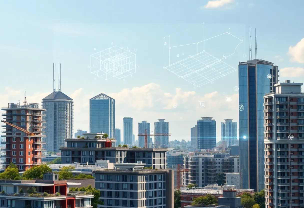 City skyline and design studio with digital building models, green roofs and a light-filled museum courtyard